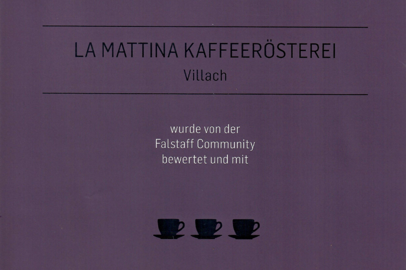 Ein Zertifikat, mit dem das Lamattina Kärnten 2023 vom Falstaff Café Guide als eines der besten Cafés Österreichs ausgezeichnet wurde.