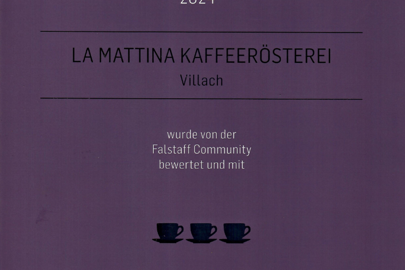 Ein Zertifikat, mit dem das Lamattina Kärnten 2024 vom Falstaff Café Guide als eines der besten Cafés Österreichs ausgezeichnet wurde.